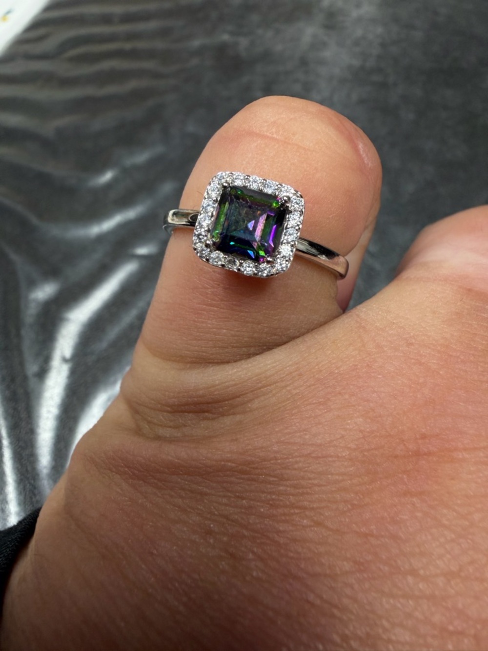 Silver Halo Ring with Mystic Square Center Stone - Purple/Green